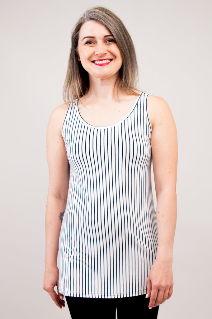 Relaxed Tank, White/Black Small Stripe, Bamboo- Final Sale