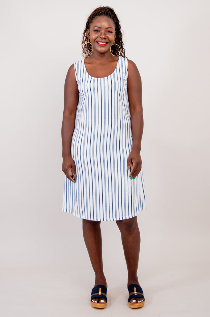 Velma Dress, Indigo Stripe, Linen Bamboo