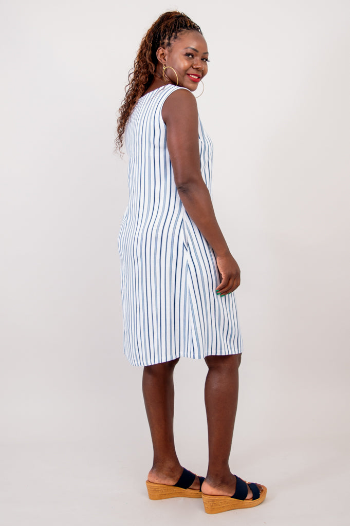 Velma Dress, Indigo Stripe, Linen Bamboo