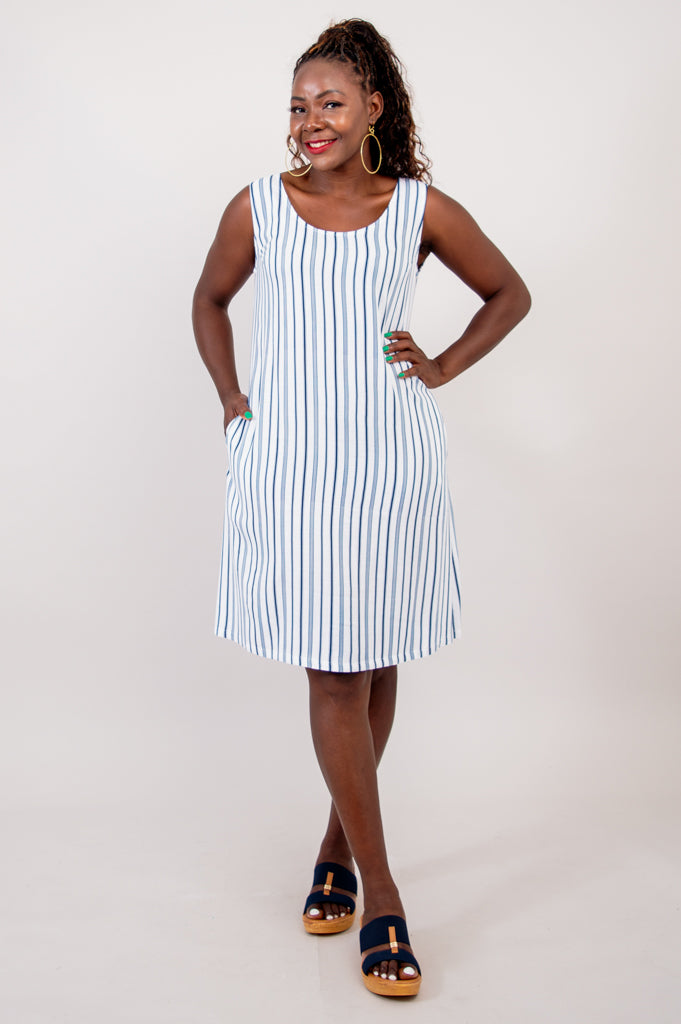 Velma Dress, Indigo Stripe, Linen Bamboo