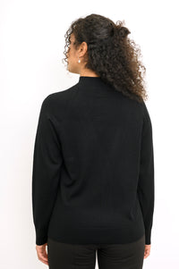 Rear view of a long sleeve black fine wool knit sweater showing clean back fit and ribbed hem.