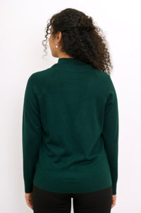 Back view of a woman wearing a hip length deep forest green merino wool button up cardigan in studio.
