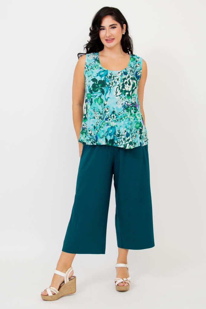 Full body front view of woman in Ginny Tank and teal pants