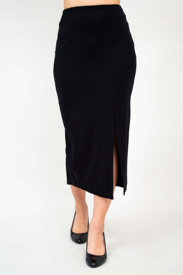 Front and side view of Eva black slim skirt featuring a slit