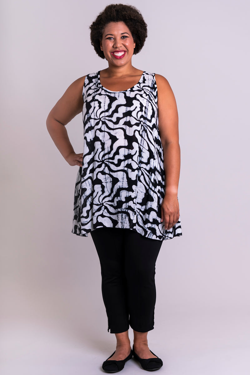 Women's long black and white batik art flowy tank top with wide shoulder strap and U-neckline.