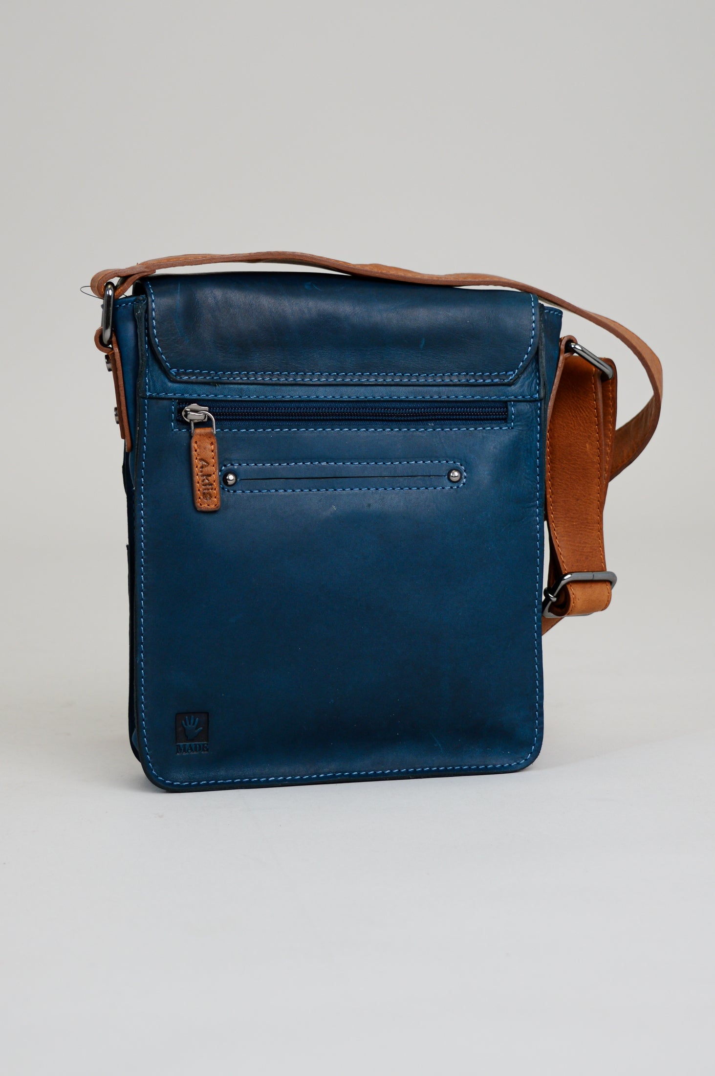 Navy leather messenger bag hotsell