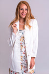 Women's white long-sleeve button up jacket coat with collar.