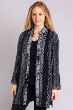Women's black and white print batik art fabric long-sleeve asia coat.