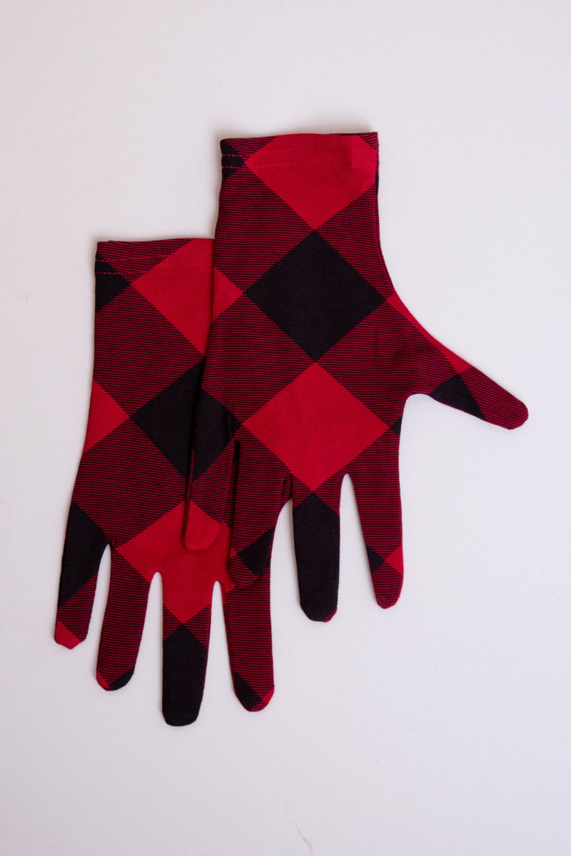 Red plaid print natural bamboo fiber women's gloves.