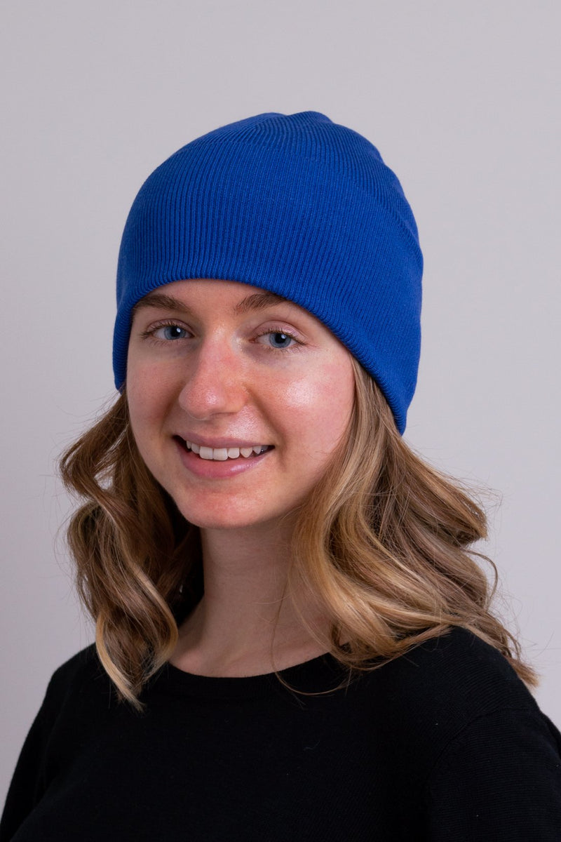 Women's cobalt blue toque bamboo cotton beanie hat.