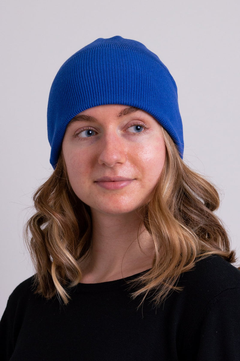 Women's cobalt blue toque bamboo cotton beanie hat.