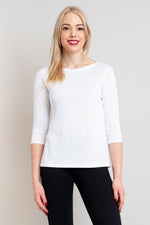Women's white short bodice 3/4 sleeve sweater shirt with boat neckline.