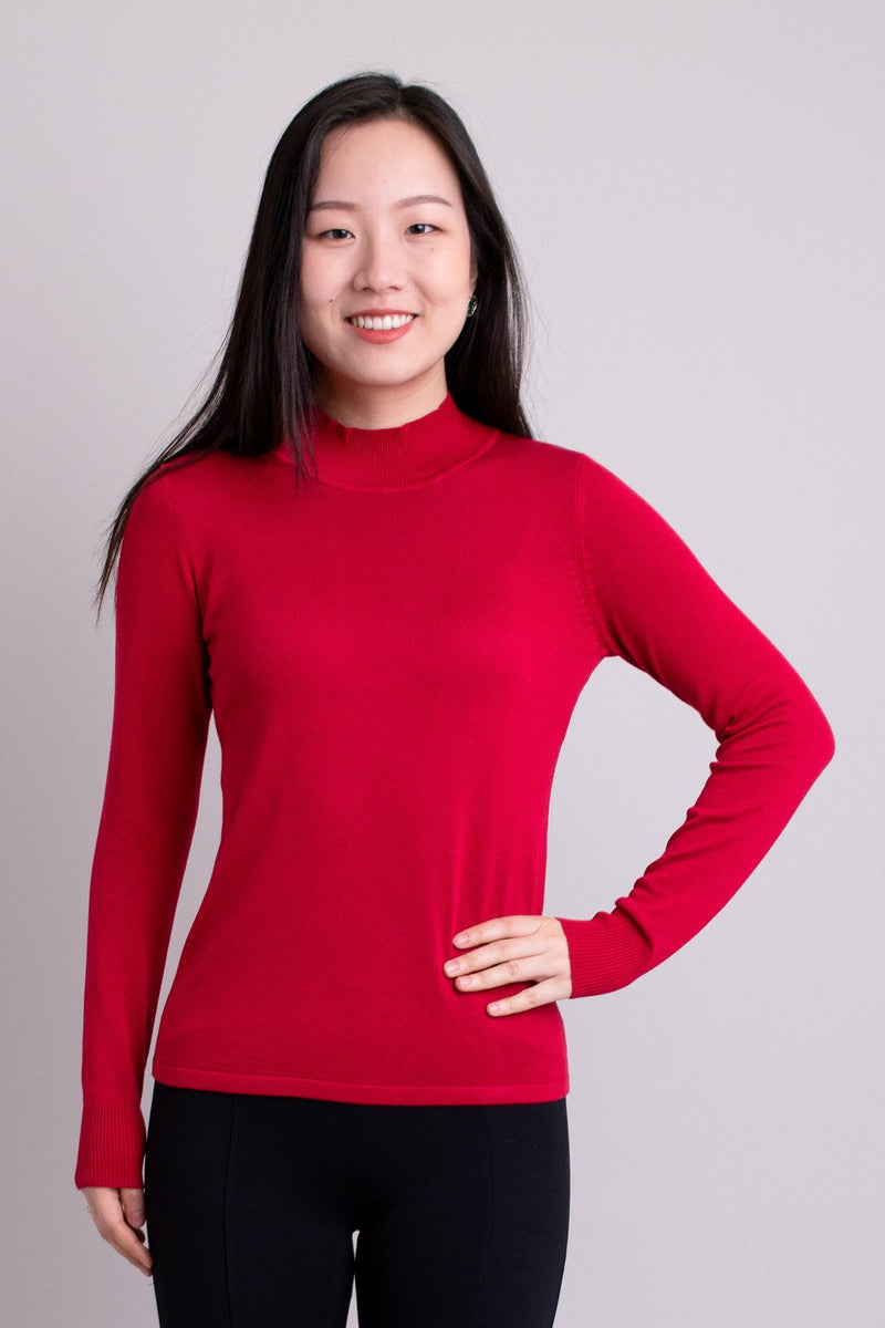 Women's red long-sleeve mock neck sweater. Made with sustainable and natural fibers, fair-trade.