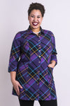 Women's shirt collar purple plaid tunic dress shirt with buttons and pockets.