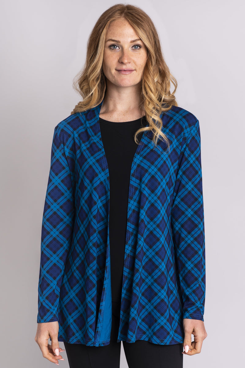 Women's casual, long and flowy teal blue plaid cardigan. Made with natural fibers, sustainable and fair-trade.