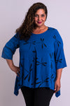 Women's blue firefly print 3/4 sleeve front pleated shirt with round neckline.