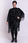 Women's black fringe long sleeveless cover-up evening wrap lightweight shawl.