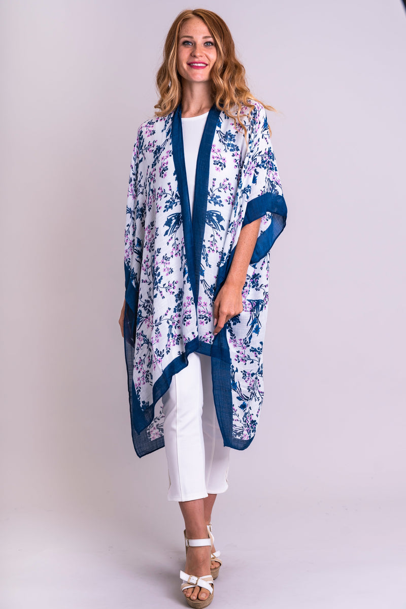 Women's white and blue batik art long sleeveless cover-up evening wrap lightweight shawl.