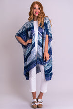 Women's blue block batik art long sleeveless cover-up evening wrap lightweight shawl.