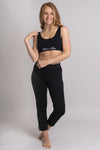 Women's black workout bra made with all sustainable and natural fibers for ideal comfort and support.