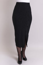 Women's black and white pin stripe long straight fitted pencil skirt with front slit and darts, made with stretchy natural bamboo fibers.