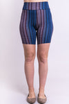Women's blue stripe biker shorts for yoga, workout, or casual wear. Made with comfortable, stretchy, and sustainable natural fibers.