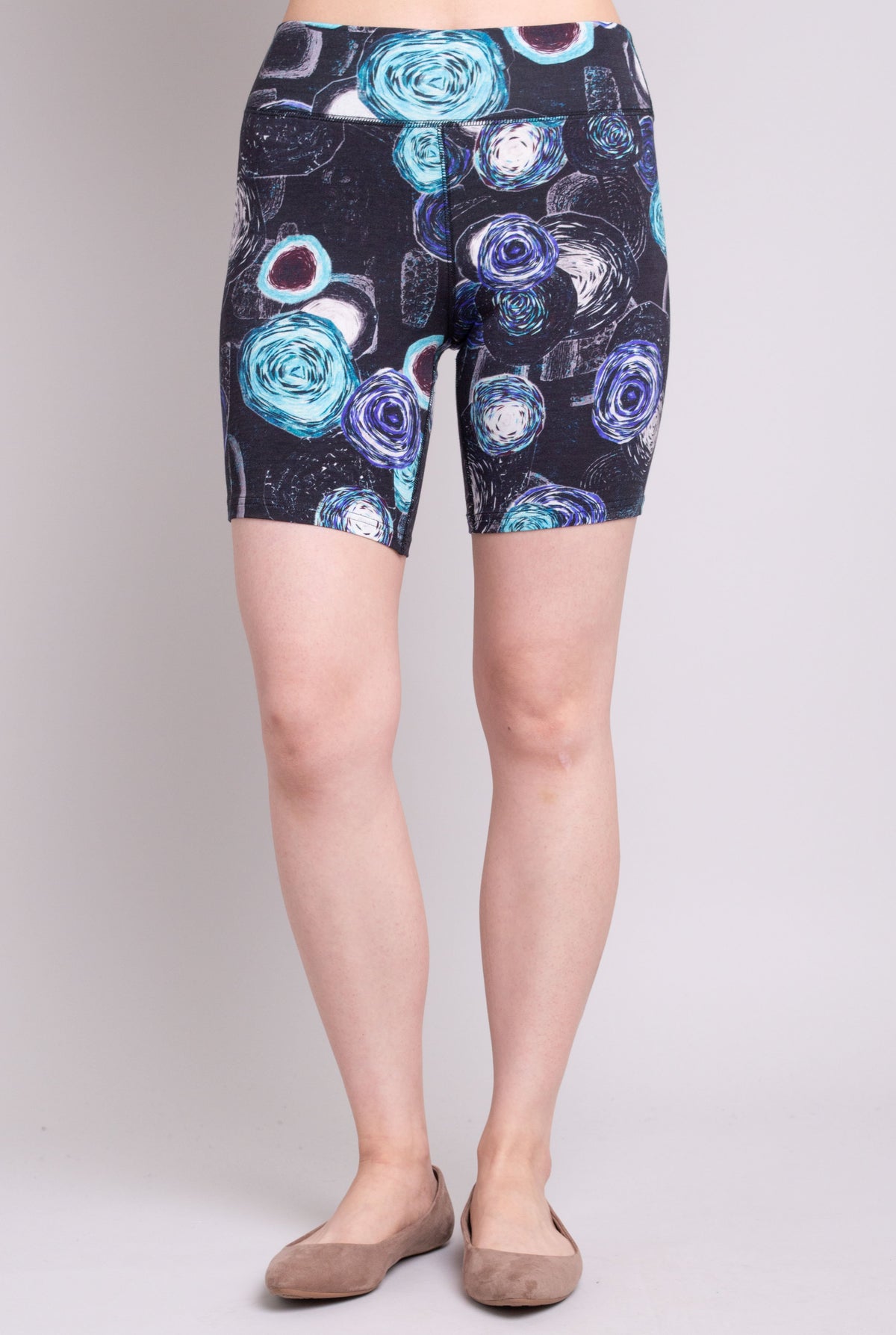 Women's blue bubble print, biker shorts for yoga, workout, or casual wear. Made with comfortable, stretchy, and sustainable natural fibers.