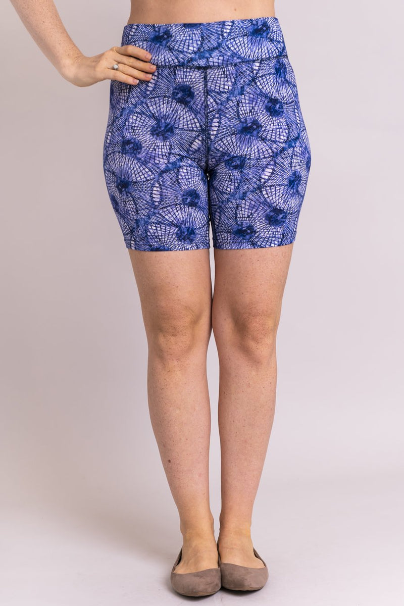 Women's blue lantern print biker shorts for yoga, workout, or casual wear. Made with comfortable, stretchy, and sustainable natural fibers.