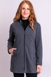 Women's grey winter or spring light jacket coat with zipper, hood, and pockets.