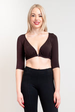 Women's coffee brown 3/4 long-sleeve bra instant sleeve made of stretchy natural fibers.