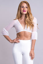 Women's white long sleeve bra instant sleeve in mesh with flared arm.