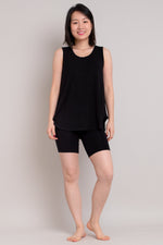 Women's black biker short and tank top set. Made for sleeping, working out, doing yoga, or to wear casually.