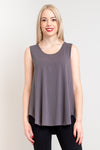 Women's casual charcoal grey flowy tank top with wide shoulder strap and U-neckline.