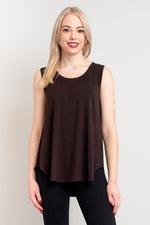 Women's casual coffee brown flowy tank top with wide shoulder strap and U-neckline, made with natural bamboo fibers.
