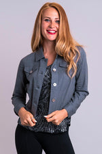 Women's ash grey cropped collar button up long-sleeve jacket, with front and side pockets.
