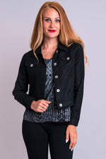 Women's black cropped collar button up long-sleeve jacket, with front and side pockets.
