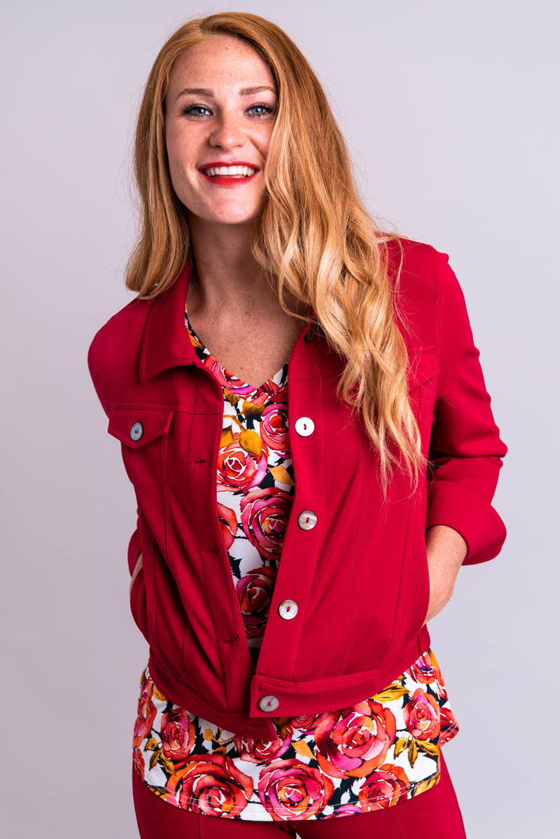 Women's red cropped collar button up long-sleeve jacket, with front and side pockets.