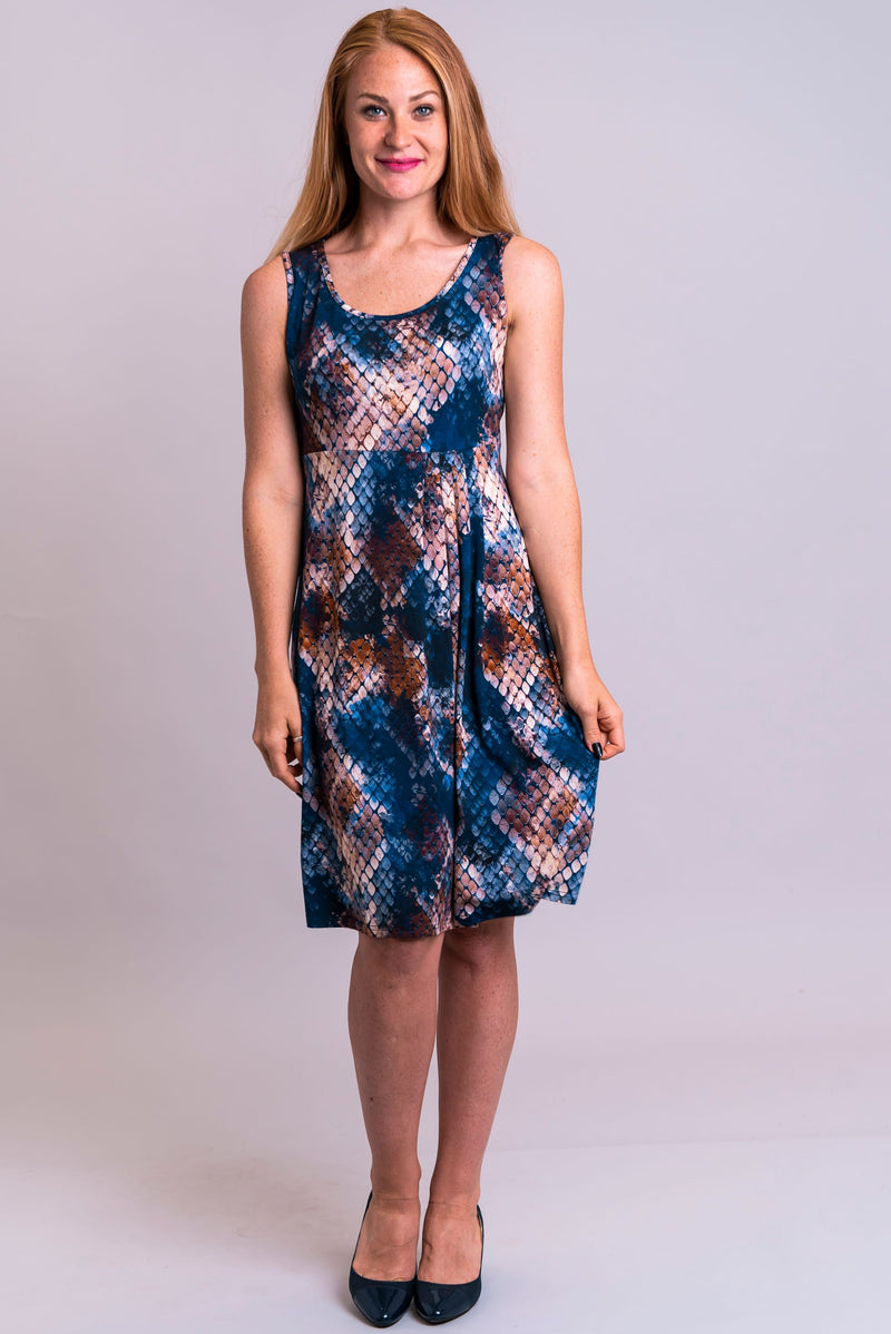Women's blue snake print sleeveless short summer dress with round neckline, made with natural bamboo fibers.