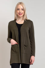 Women's long, khaki green long-sleeve pocket cardigan sweater, made from natural bamboo cotton fibers.