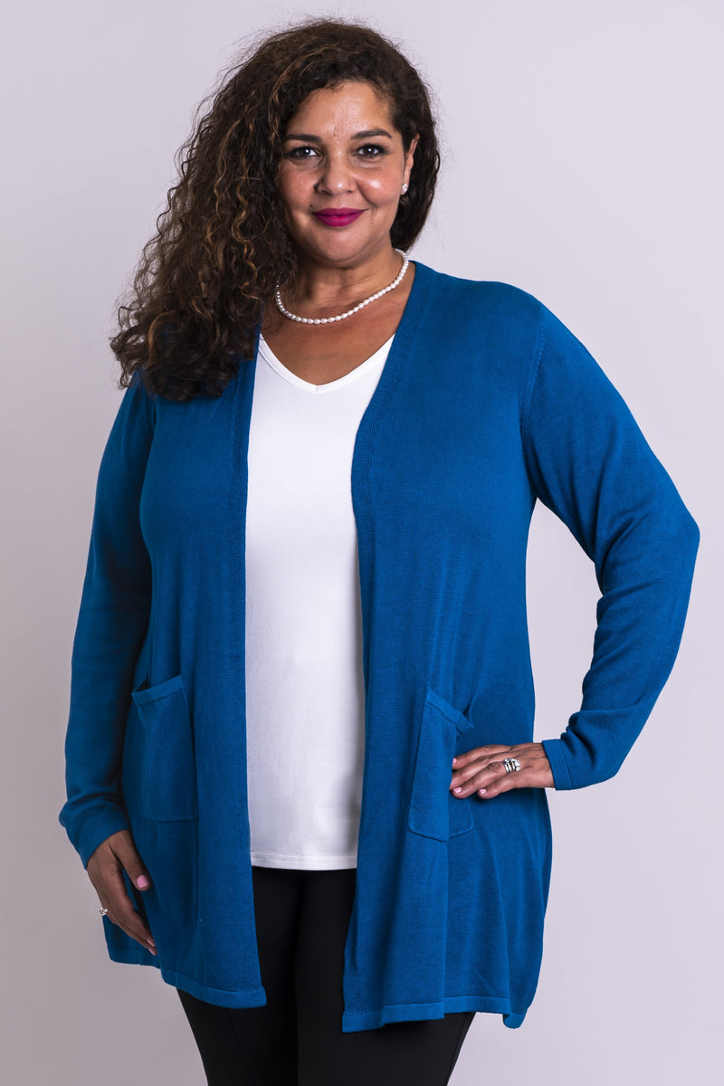 Women's long, blue long-sleeve pocket cardigan sweater, made from natural bamboo cotton fibers.