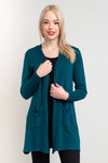 Women's long blue green long-sleeve pocket cardigan.