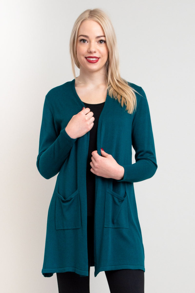 Women's long blue green long-sleeve pocket cardigan.