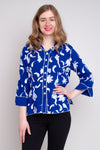 Women's blue and white short 3/4 sleeve batik art dress shirt.