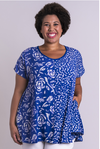 Women's blue batik art long flowy tunic dress top with 3/4 sleeves.