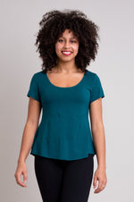 Women's teal green dressy t-shirt top for evening-wear, with round neckline, short sleeves, and fitted bodice.