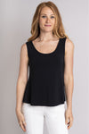 Women's black dressy sleeveless tank top for evening-wear, with round neckline, and fitted bodice.