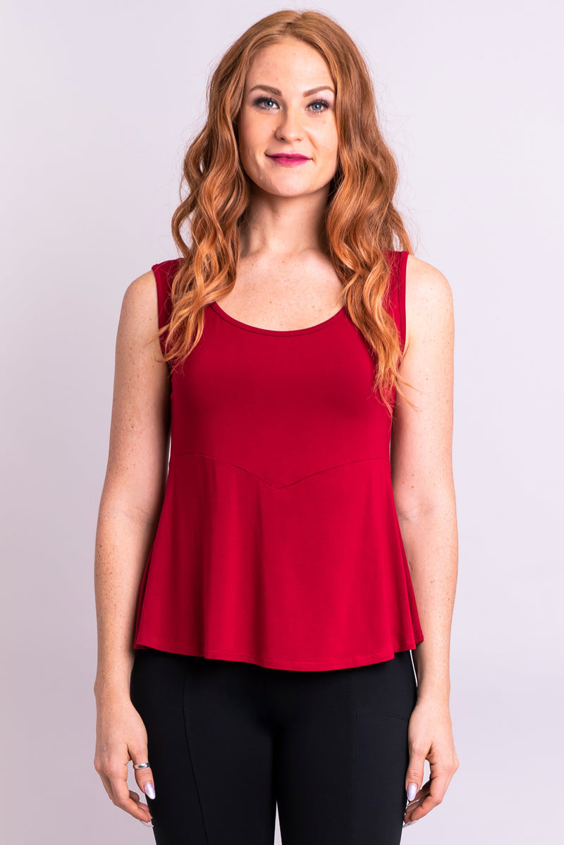 Women's burgundy red dressy sleeveless tank top for evening-wear, with round neckline, and fitted bodice.
