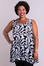 Women's long black and white batik art flowy tank top with wide shoulder strap and U-neckline.