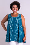 Women's long teal blue batik art flowy tank top with wide shoulder strap and U-neckline.