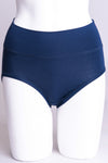 Women's comfortable indigo blue high waisted underwear control briefs made with natural bamboo fibers.